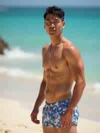 man in  swim trunks on a beach volleyball court, ready to serve