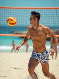 man in  swim trunks on a beach volleyball court, ready to serve