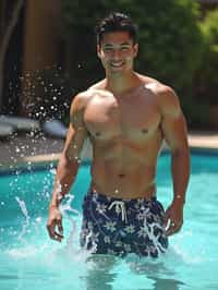 man in  swim shorts by the poolside, making a splash