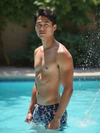 man in  swim shorts by the poolside, making a splash