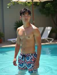 man in  swim shorts by the poolside, making a splash