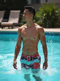 man in  swim shorts by the poolside, making a splash