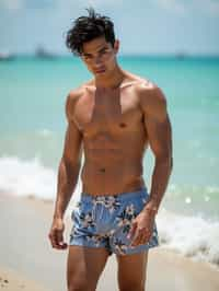 man in  swim shorts on the beach, wet hair,   men's health fitness magazine photos