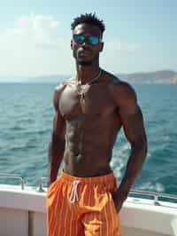 man in  swim shorts on a yacht, enjoying the sun and sea