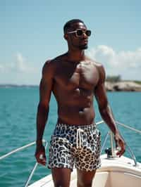 man in  swim shorts on a yacht, enjoying the sun and sea