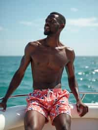 man in  swim shorts on a yacht, enjoying the sun and sea