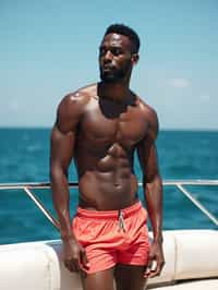 man in  swim shorts on a yacht, enjoying the sun and sea