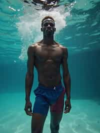 man in  swim shorts underwater, showcasing athletic ability