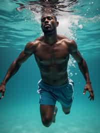 man in  swim shorts underwater, showcasing athletic ability