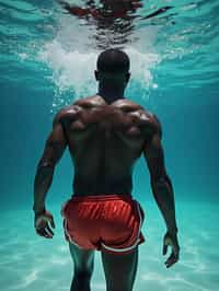 man in  swim shorts underwater, showcasing athletic ability