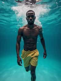 man in  swim shorts underwater, showcasing athletic ability