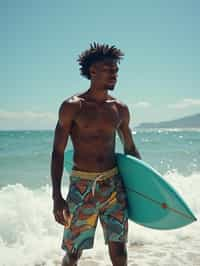 man in  board shorts with surfboard on the beach, ready to ride the waves