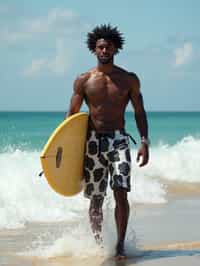 man in  board shorts with surfboard on the beach, ready to ride the waves