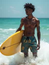 man in  board shorts with surfboard on the beach, ready to ride the waves