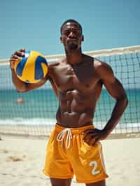 man in  swim trunks on a beach volleyball court, ready to serve