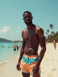 man in  swim trunks on a beach volleyball court, ready to serve