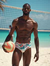 man in  swim trunks on a beach volleyball court, ready to serve