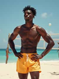 man in  swim trunks on a beach volleyball court, ready to serve