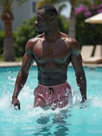 man in  swim shorts by the poolside, making a splash