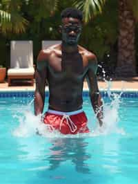 man in  swim shorts by the poolside, making a splash