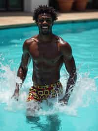 man in  swim shorts by the poolside, making a splash