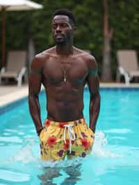 man in  swim shorts by the poolside, making a splash