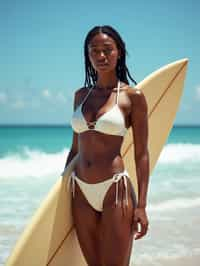 woman in high-waisted bikini  with surfboard on the beach, ready to ride the waves