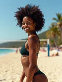 woman in one-piece swimsuit  on a beach volleyball court, ready to serve