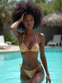 woman in swimsuit  by the poolside, making a splash