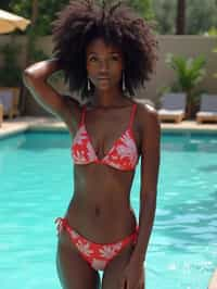 woman in swimsuit  by the poolside, making a splash