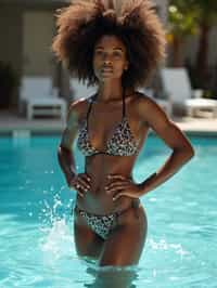 woman in swimsuit  by the poolside, making a splash