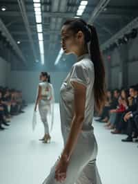 side view of woman walking on a fashion runway in an industrial space, showcasing a futuristic outfit with sharp lines