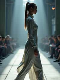 side view of woman walking on a fashion runway in an industrial space, showcasing a futuristic outfit with sharp lines