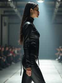 side view of woman walking on a fashion runway in an industrial space, showcasing a futuristic outfit with sharp lines