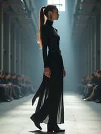 side view of woman walking on a fashion runway in an industrial space, showcasing a futuristic outfit with sharp lines