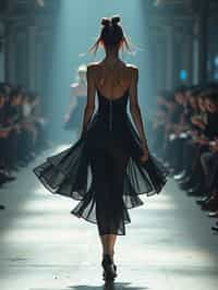 back view of woman walking on a fashion runway in an industrial space, captured mid-twirl, showcasing a futuristic outfit with sharp lines