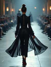 back view of woman walking on a fashion runway in an industrial space, captured mid-twirl, showcasing a futuristic outfit with sharp lines