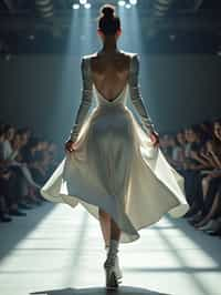 back view of woman walking on a fashion runway in an industrial space, captured mid-twirl, showcasing a futuristic outfit with sharp lines