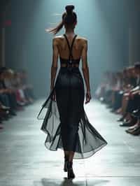 back view of woman walking on a fashion runway in an industrial space, captured mid-twirl, showcasing a futuristic outfit with sharp lines