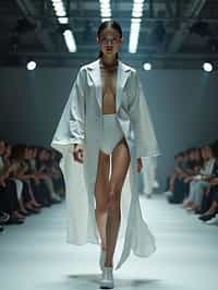 front view of woman walking on a fashion runway in an industrial space, showcasing a futuristic outfit with sharp lines