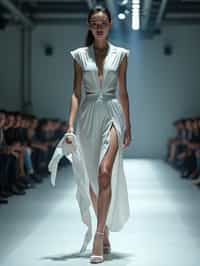 front view of woman walking on a fashion runway in an industrial space, showcasing a futuristic outfit with sharp lines