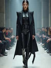 front view of woman walking on a fashion runway in an industrial space, showcasing a futuristic outfit with sharp lines