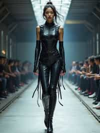 front view of woman walking on a fashion runway in an industrial space, showcasing a futuristic outfit with sharp lines