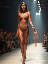 side view of woman striding confidently down a fashion runway in bikini, surrounded by flashing camera lights.