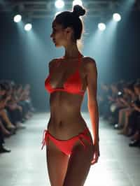 side view of woman striding confidently down a fashion runway in bikini, surrounded by flashing camera lights.