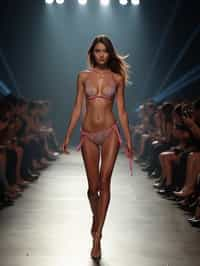 side view of woman striding confidently down a fashion runway in bikini, surrounded by flashing camera lights.