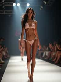 side view of woman striding confidently down a fashion runway in bikini, surrounded by flashing camera lights.