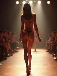 back view of woman striding confidently down a fashion runway in bikini, captured mid-twirl, surrounded by flashing camera lights.