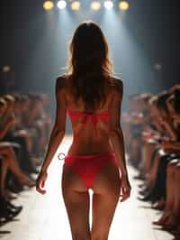 back view of woman striding confidently down a fashion runway in bikini, captured mid-twirl, surrounded by flashing camera lights.