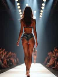 back view of woman striding confidently down a fashion runway in bikini, captured mid-twirl, surrounded by flashing camera lights.